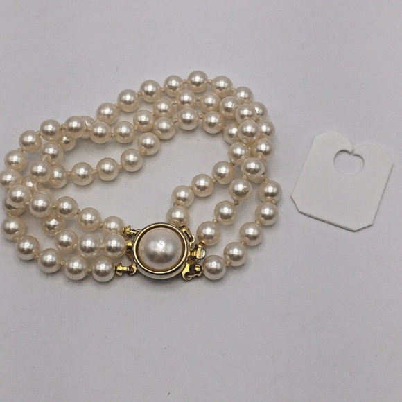 Vintage Glass Pearl Hand Knotted Multi-Strand Bracelet Faux Mabe Pearl Box Clasp - Picture 7 of 7